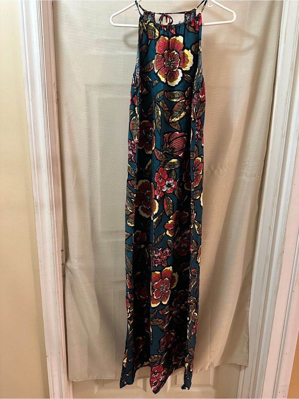 LOFT XS Linen Rayon Floral Halter Maxi Dress Teal Sleeveless Summer Dress